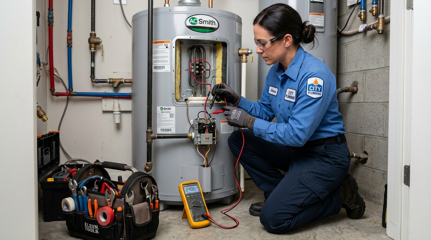 Technician testing heating elements on an electric water heater