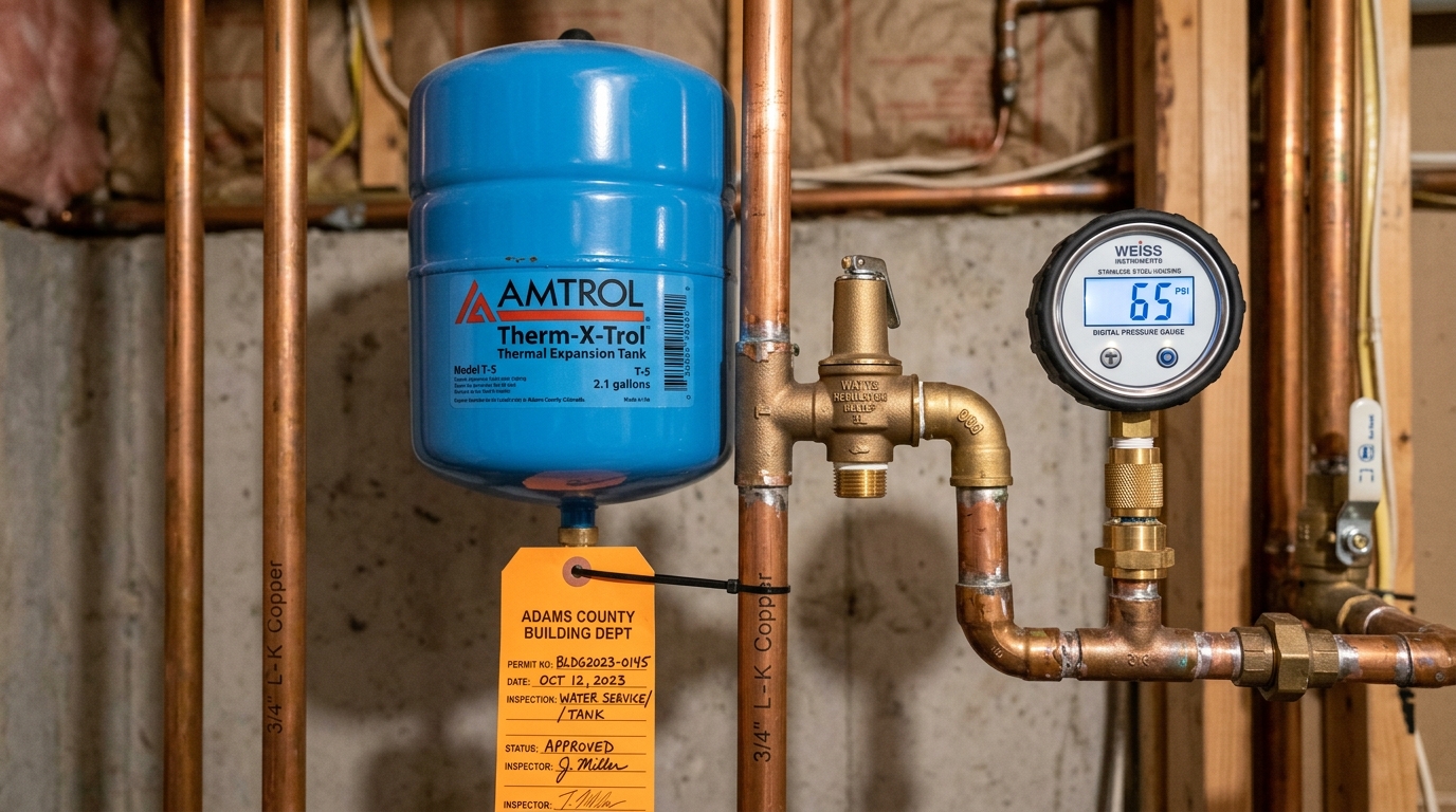 Thermal expansion tank installed above water heater in residential basement