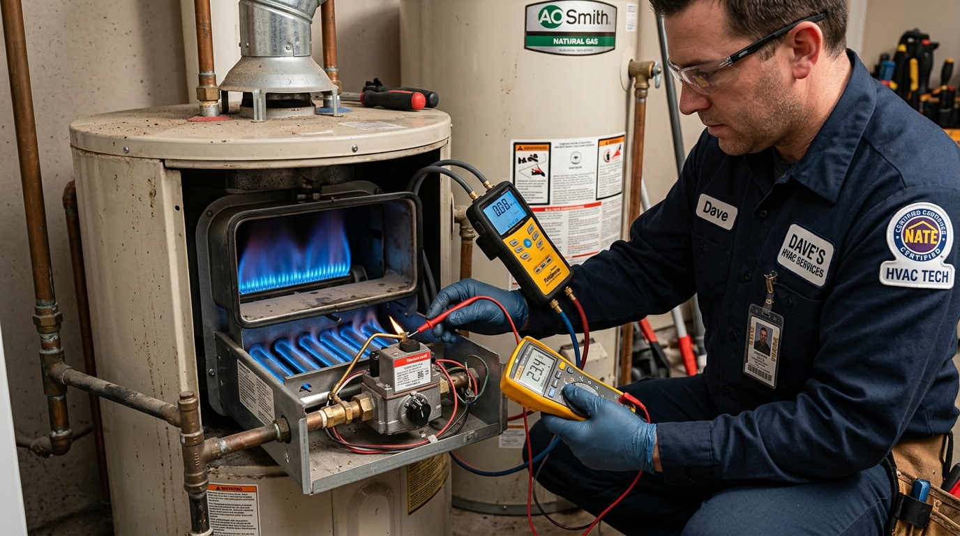 Plumber testing gas burner assembly and pilot thermocouple