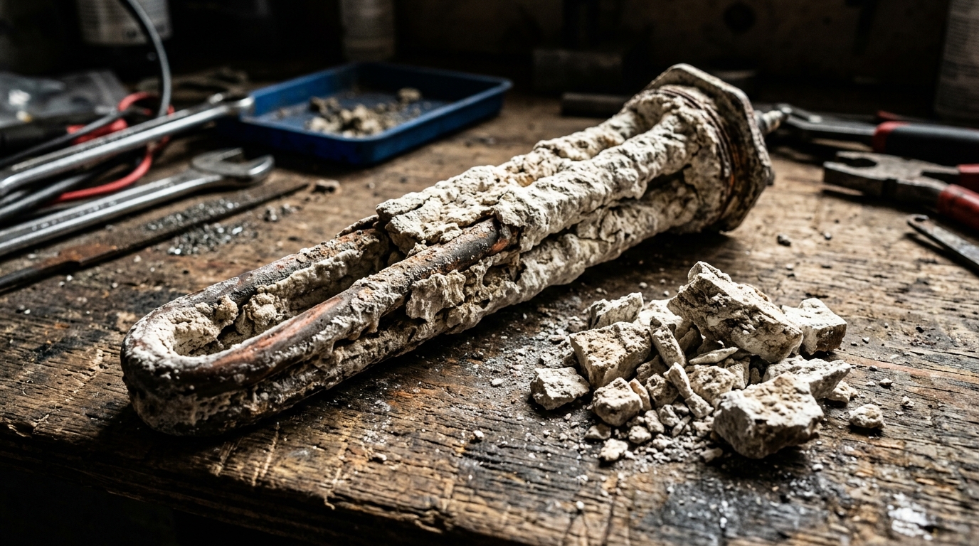 Cutaway of water heater tank showing mineral scaling damage