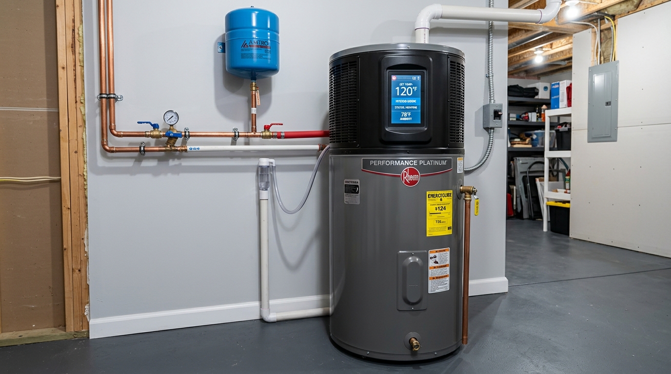 Modern hybrid electric heat pump water heater installed in utility room