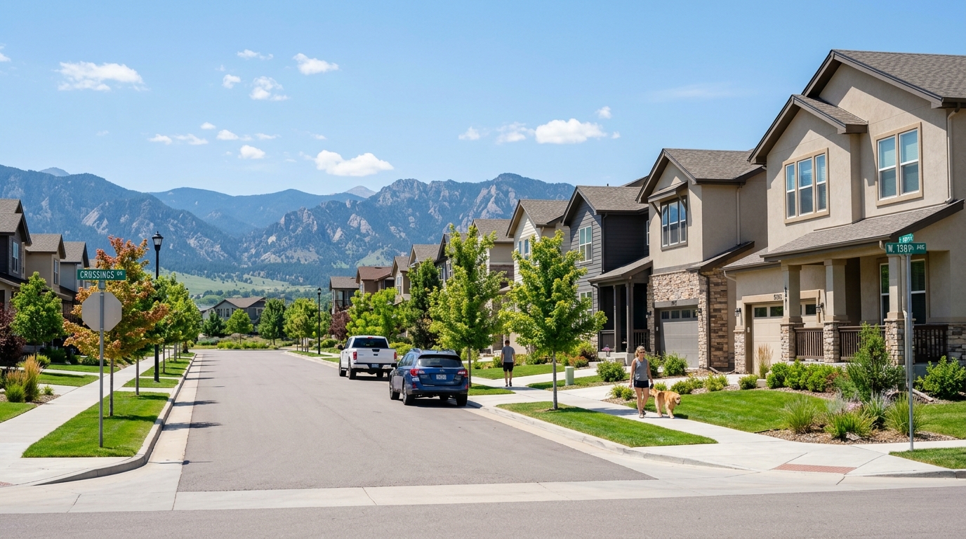 Water heater service van parked at modern Craftsman residential street in Brighton Crossings Colorado