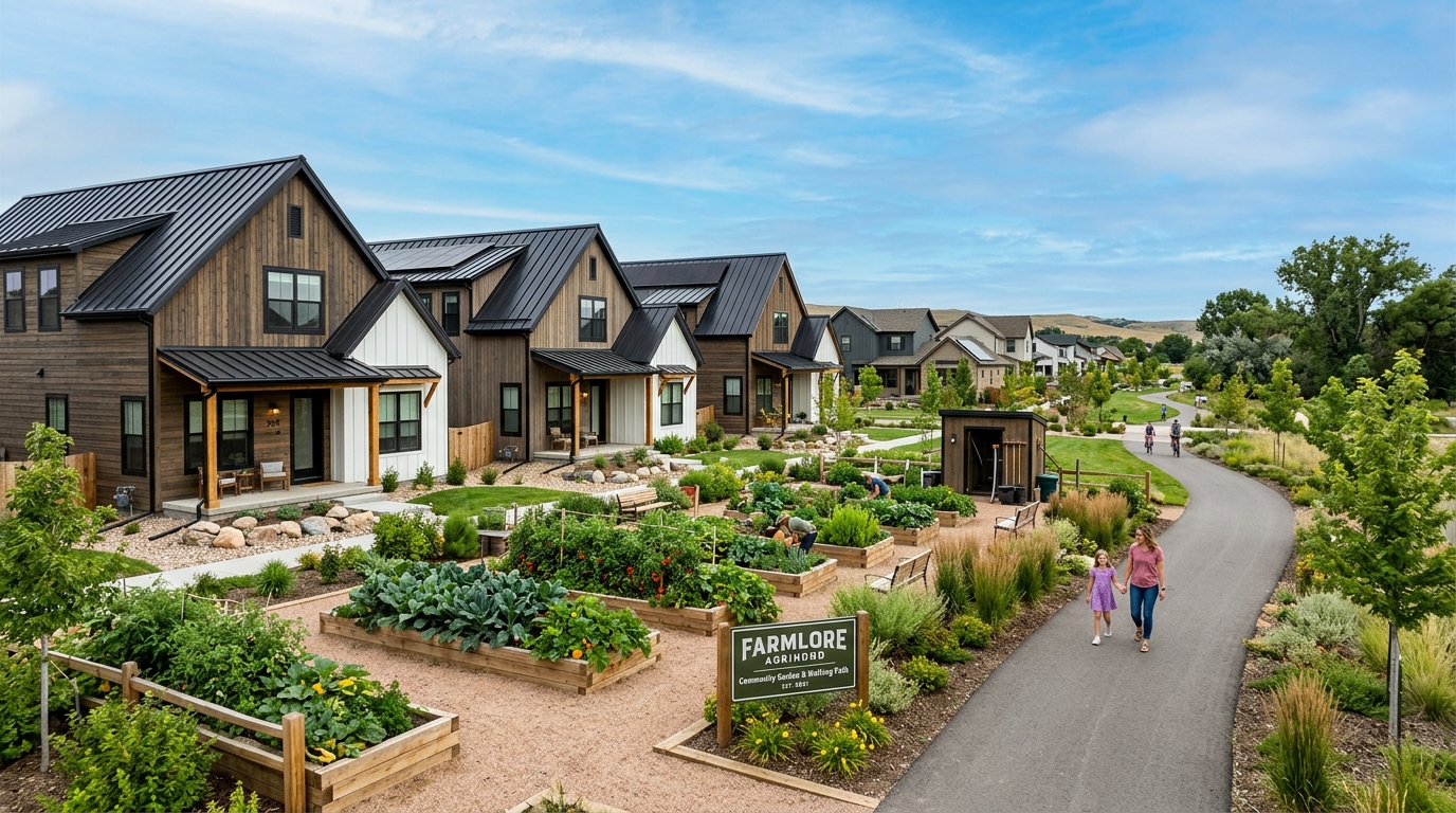 Farmlore sustainable modern community in Brighton, CO with eco-friendly hybrid heat pump water heaters