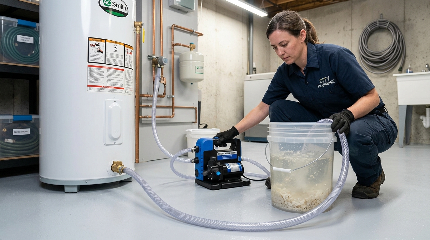 Technician flushing sediment from a residential water heater tank