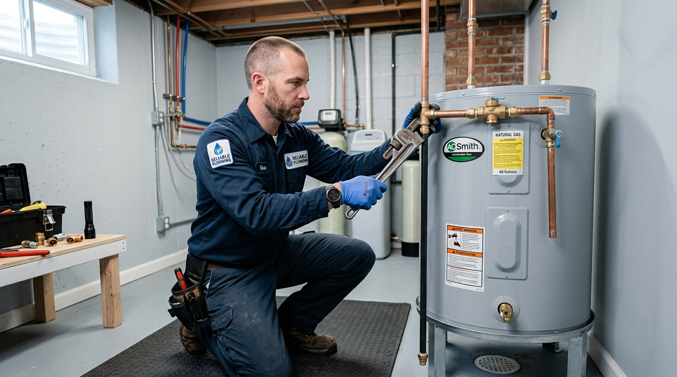 Plumber inspecting a 50-gallon traditional storage tank water heater