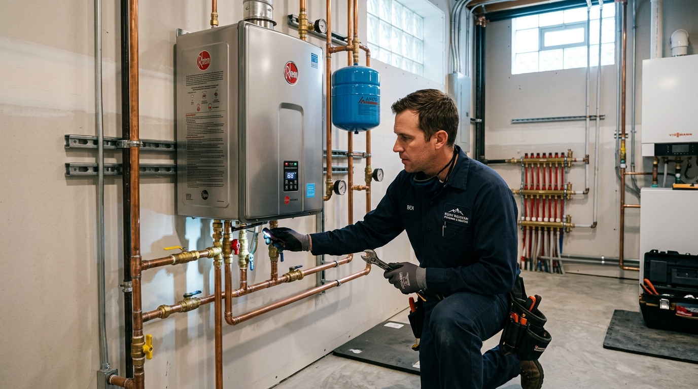 Technician servicing a wall-mounted tankless water heater in Brighton